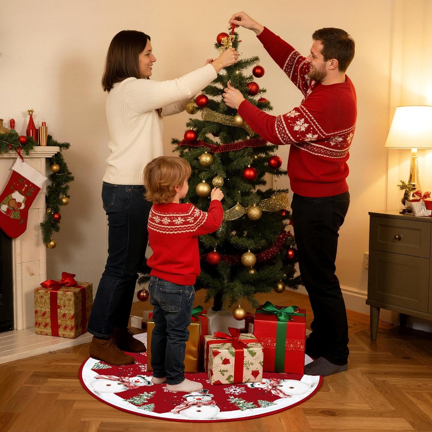 Christmas Tree Skirt 48 Inches Red Xmas Soft Cover Mat Decor Retro Xmas Tree Skirt for New Year Holiday Ornaments Indoor Outdoor Decorations (Snowman Pattern)