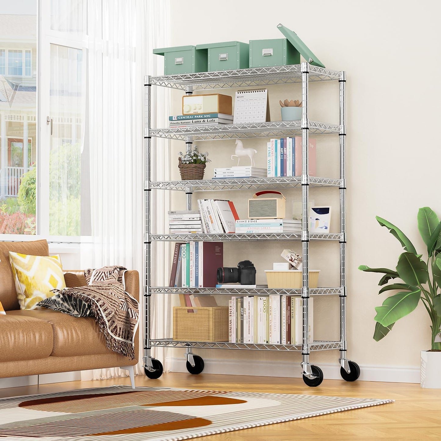 Steel Storage Shelving 6-Tier Utility Shelving Unit with Wheels, Steel Organizer Wire Rack for Home,Kitchen,Office,Garage,17.7" D x 47.2" W x 76.7" H