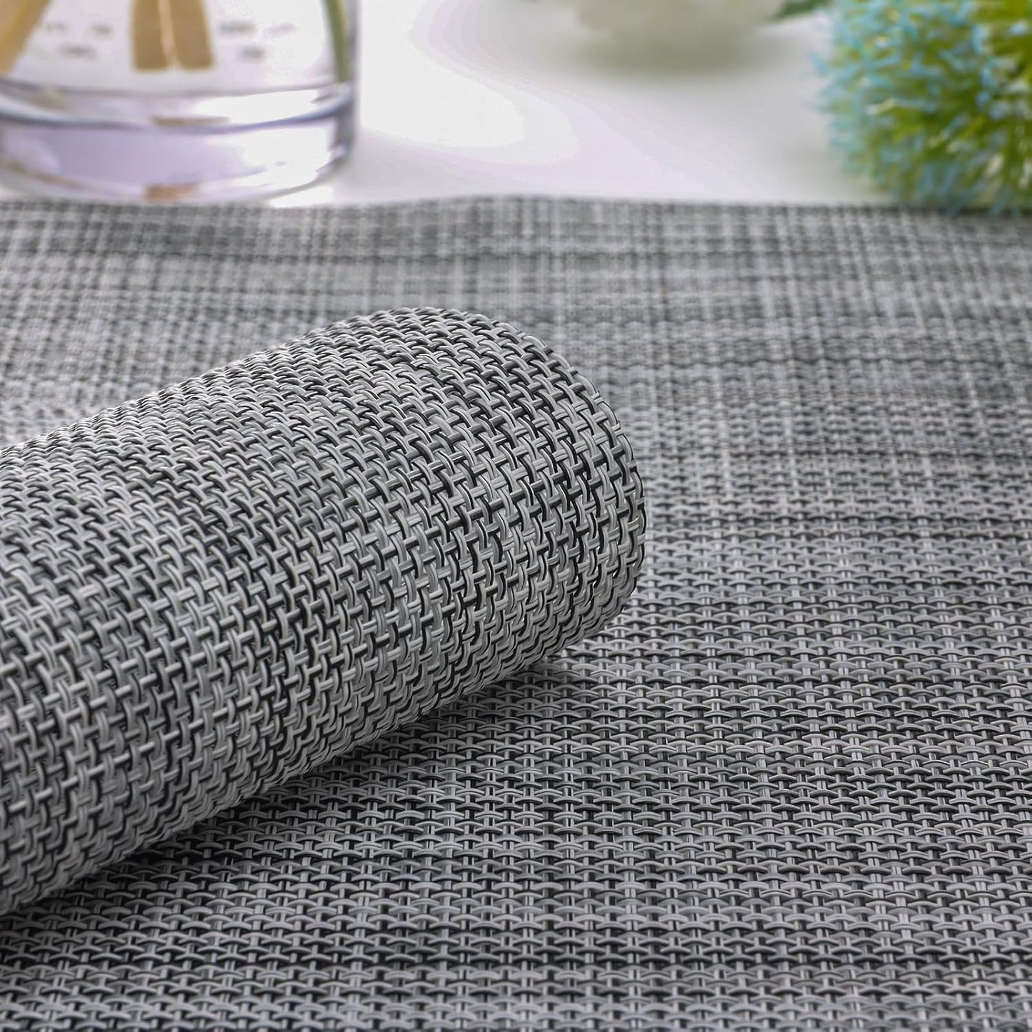 Myir JUN Placemats Set of 8, Vinyl Woven Placemats Place Mats Indoor Set of 8 Washable Table Mats Non-Slip Place mats for Dining Table (Light Gray, Set of 8)