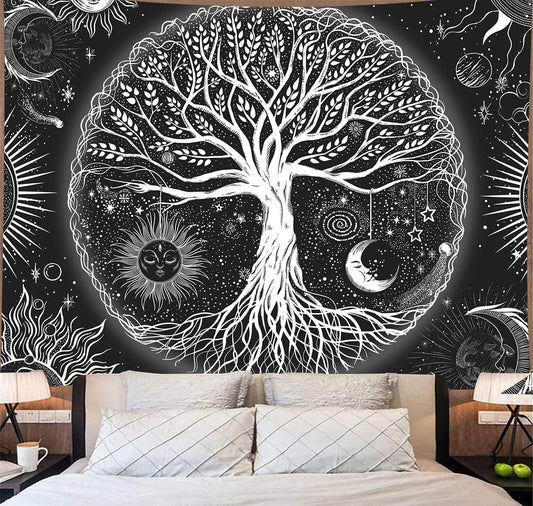 FORATER Tree of Life Tapestry Wall Hanging, Sun and Moon Aesthetic Wall Tapestry Black and White Tapestries Home Decor for Living Room Bedroom(53 x 61 Inch, Black and White)