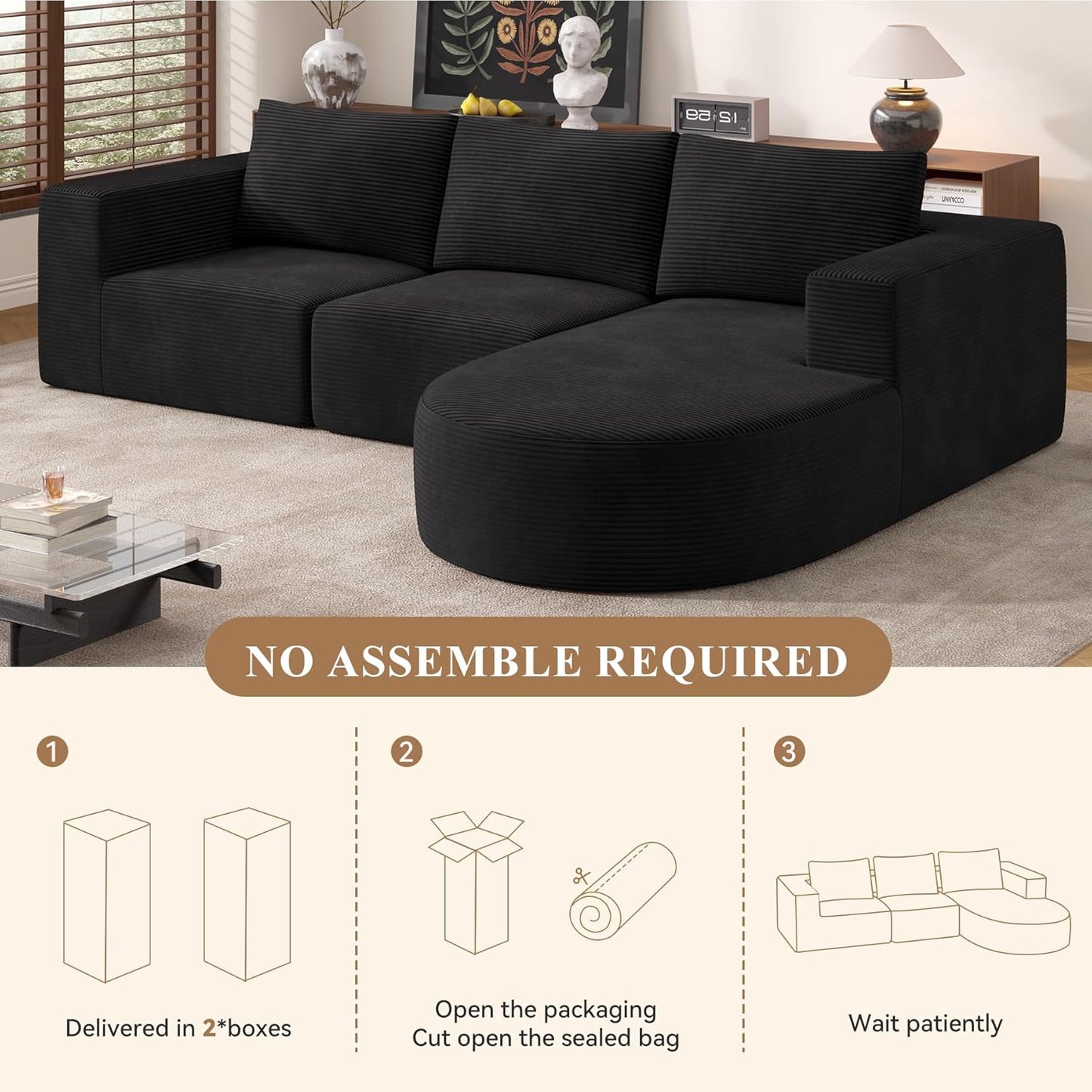 Modular Sectional Sofa with L-Shape Chaise,Cloud Sectional Modern Sleeper Couch with Deep Seat,Sponge Compression Sofas No Assembly Required(Black-Corduroy Fabric) 1PCS
