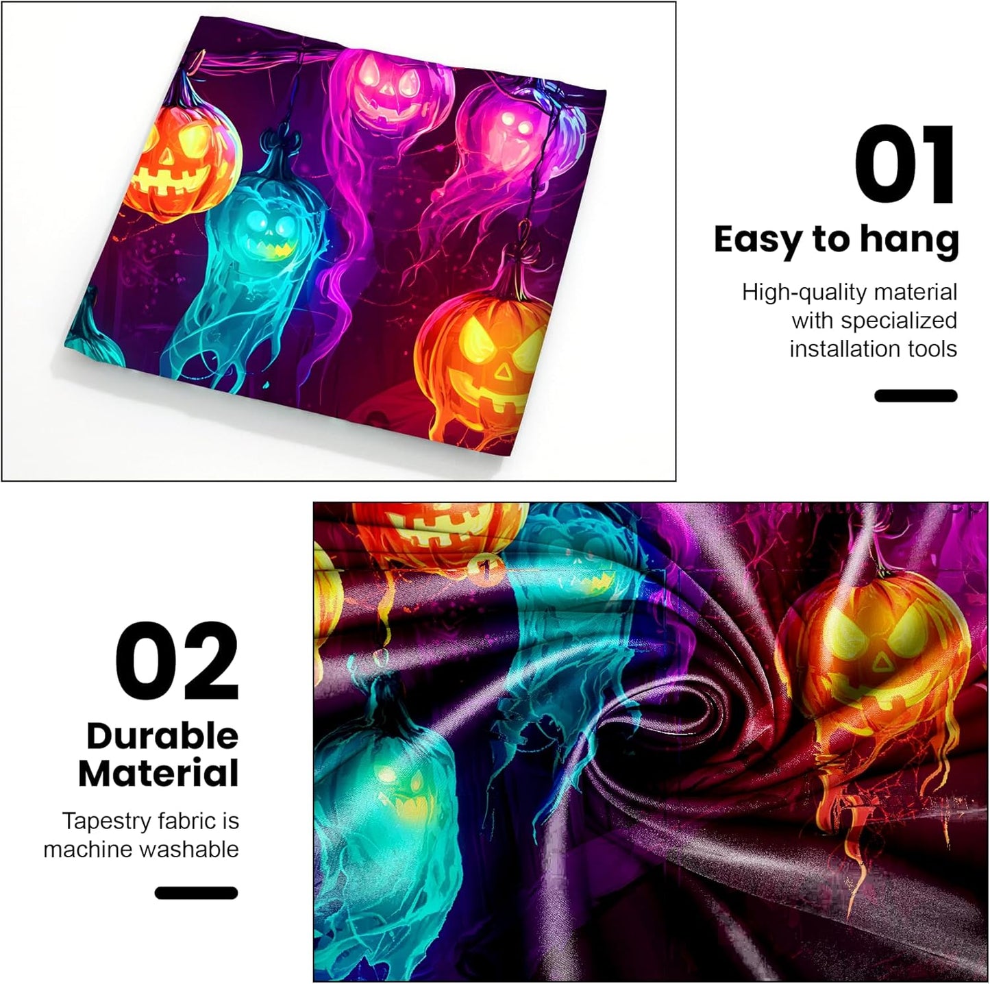 AOHMPT Glow-in-the-Dark Halloween Tapestry - UV Reactive Black Light Wall Hanging Decor for Spooky Parties, Bedroom, Living Room (Jack-o'-lantern, 59" L x 51" W, Unframed)