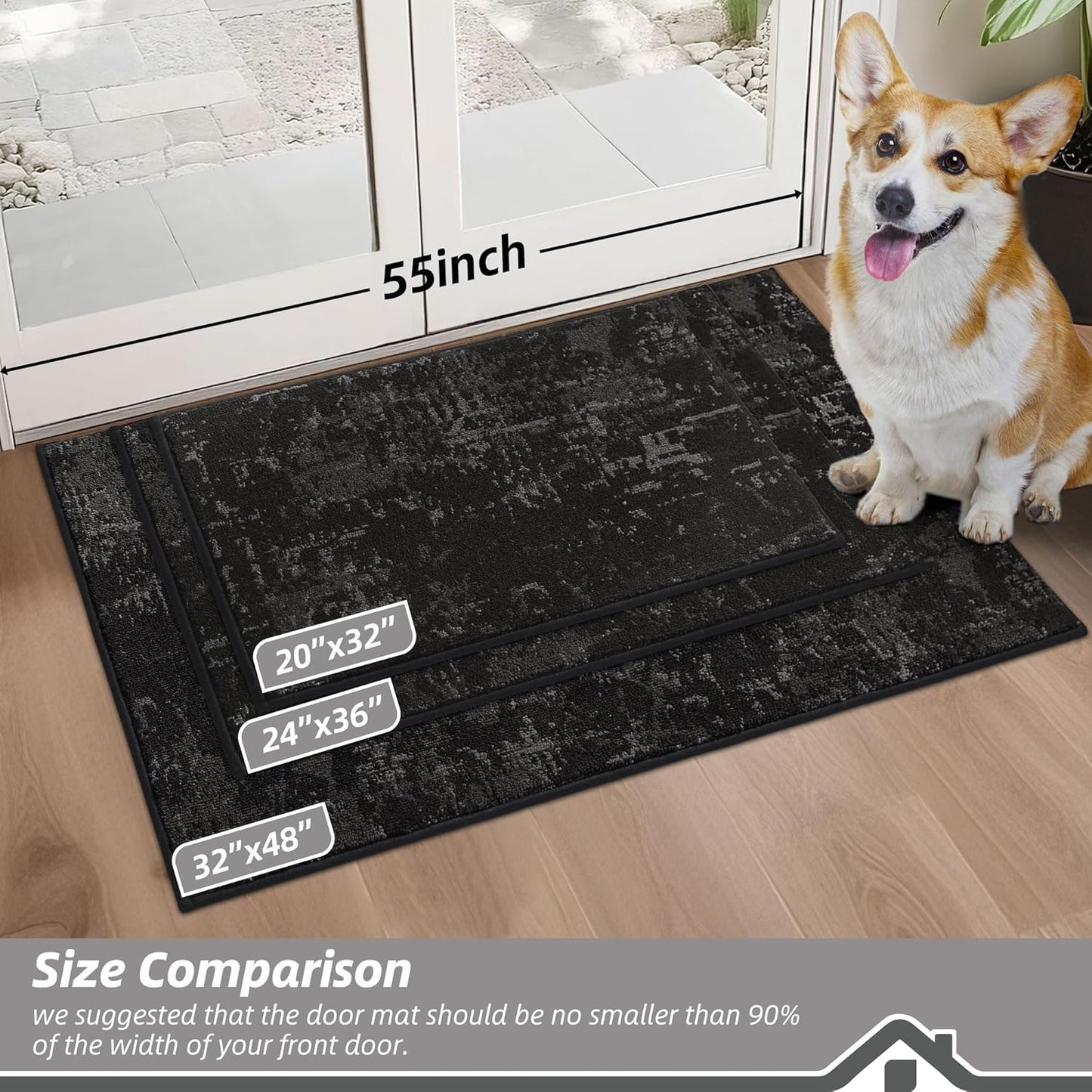 BEQHAUSE Dirt Trapper Door Mat 20"x32" Non-Slip Door Mats Washable Entryway Rugs Stain Resistant Doormat Absorbent Welcome Floor Mat for Front Back Door, Muddy Wet Shoes & Paws,Black