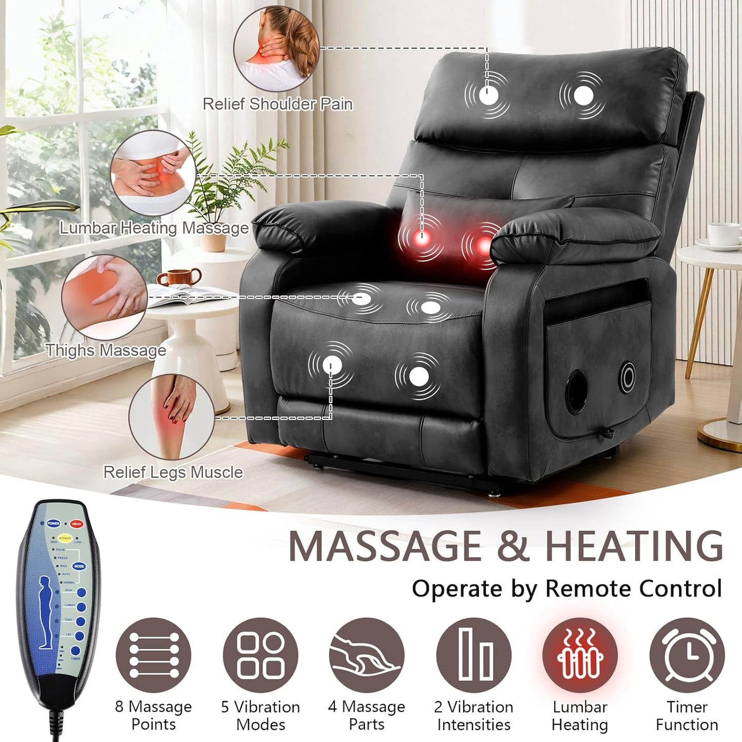 Dual Motor Power Lift Recliner Chair for Adult & Elderly, Infinite Position Lay Flat Lift Chair with Heat & Massage, Cup Holder, Lumbar Pillow, Wireless Charger, USB Ports, Leather (Silver Grey)
