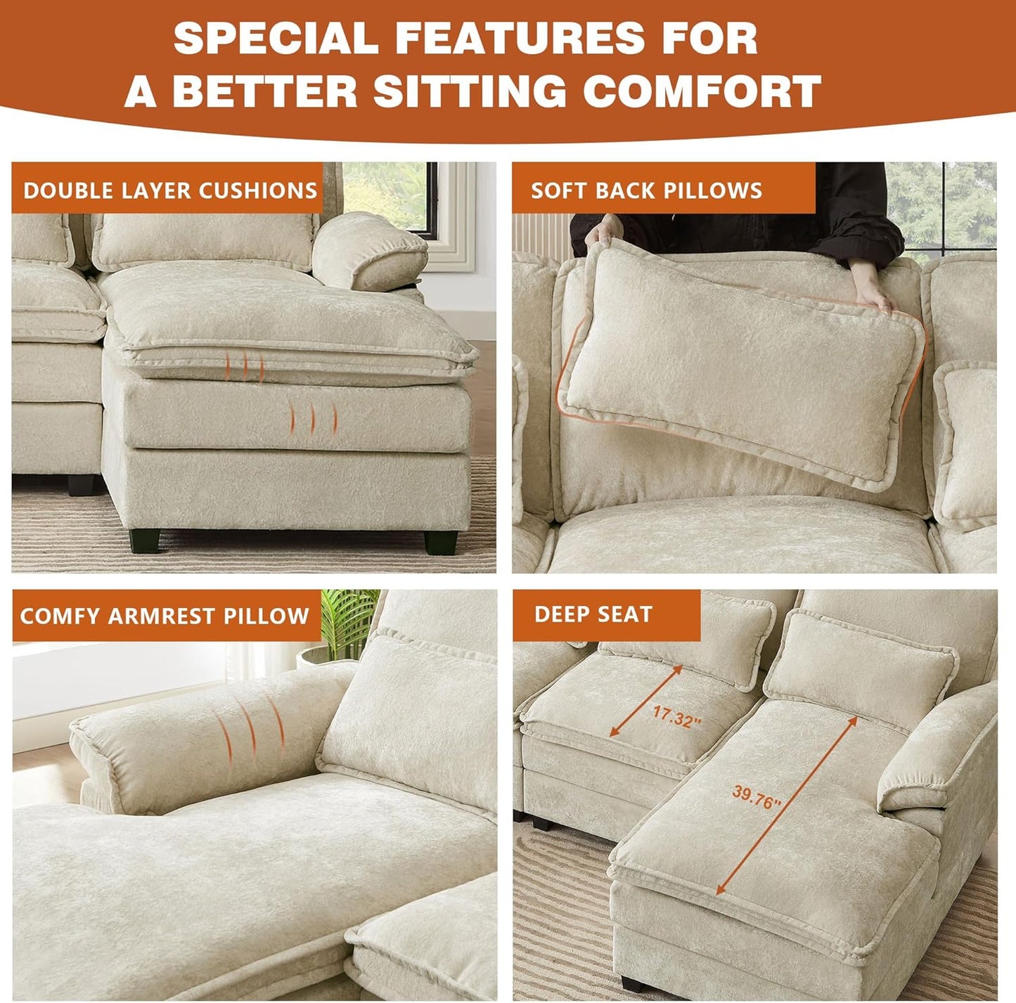 113" Oversized Cloud Couch, U Shape Sectional 4 Seat Sofa with Double Chaises, 2 Layer Cusions, Deep Seat Comfy Sofa, Upholstery Chenille Fabric for Living Room, Beige