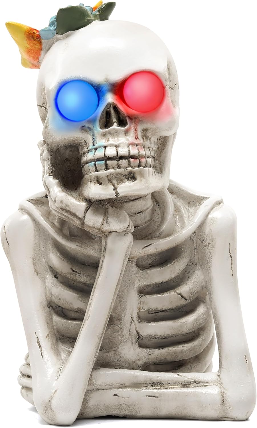 Halloween Skeleton Light Statue, Scary Resin Skull Figurines with Light Up Eyes Decorations for Home Table Kitchen Party Battery Operated Skull Lighting Changes Decor