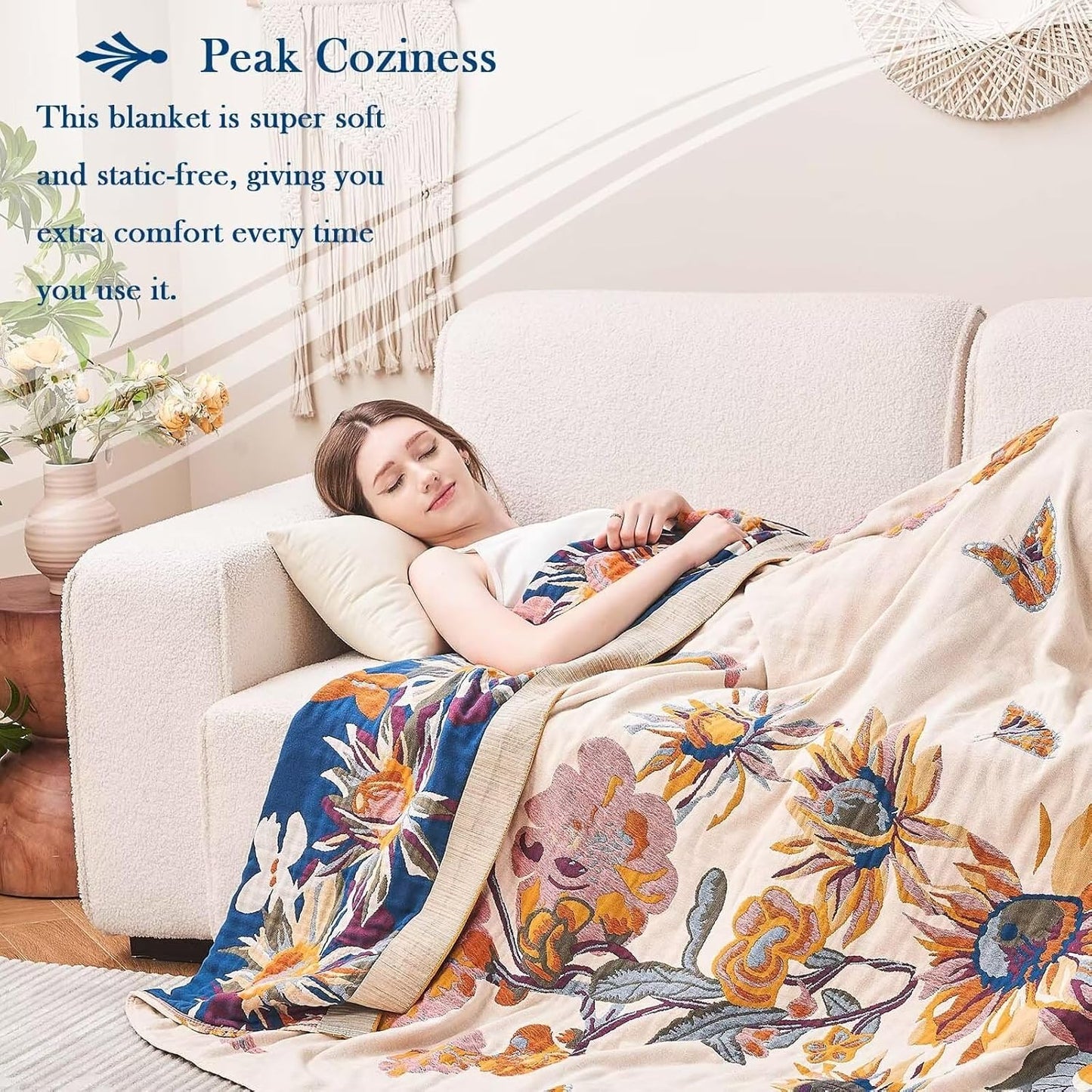 Boho Throw Blanket, 100% Cotton Ultra Soft Luxury Throw Rustic Quilt, 80"x90" Floral Bird Butterfly Farmhouse Decor Bed Blankets, All Season Rustic Reversible Bohemian Throw for Bed - Yellow