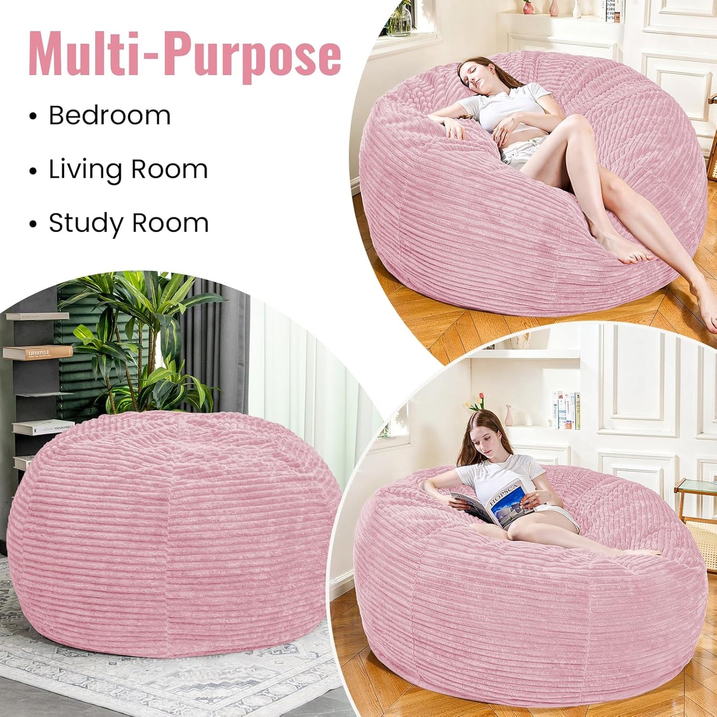 Large Bean Bag Chair, 5FT Giant Beanbag Chairs with Memory Foam Filled, Bean Bag Chairs for Adults, Ultra Soft Lazy Sofa for Living Room Bedroom (Pink)