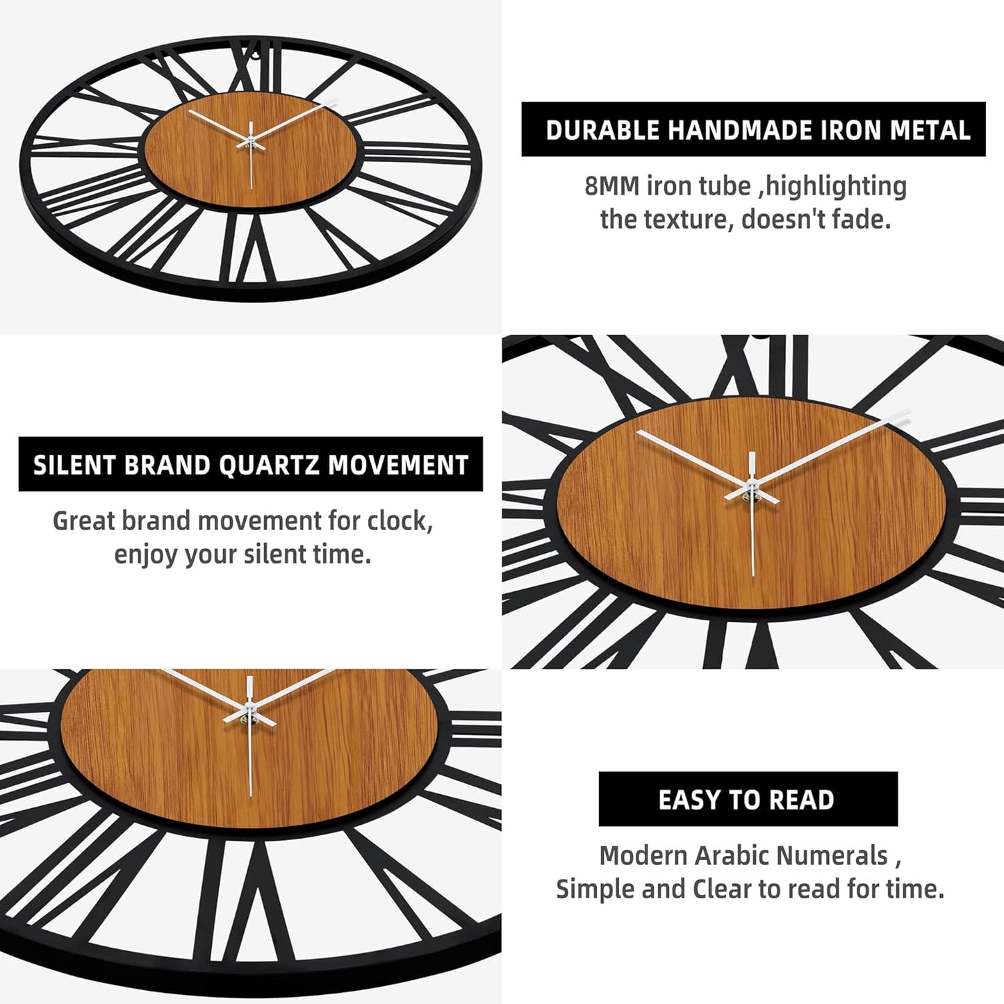 LEIKE 32" Oversized Large Wall Clocks,Silent,Non Ticking,Battery Operated Modern Round Big Wood Decorative Metal Wall Clock for Living Room, Bedroom,Kitchen,Farmhouse,Office Decor - Black,32 Inch