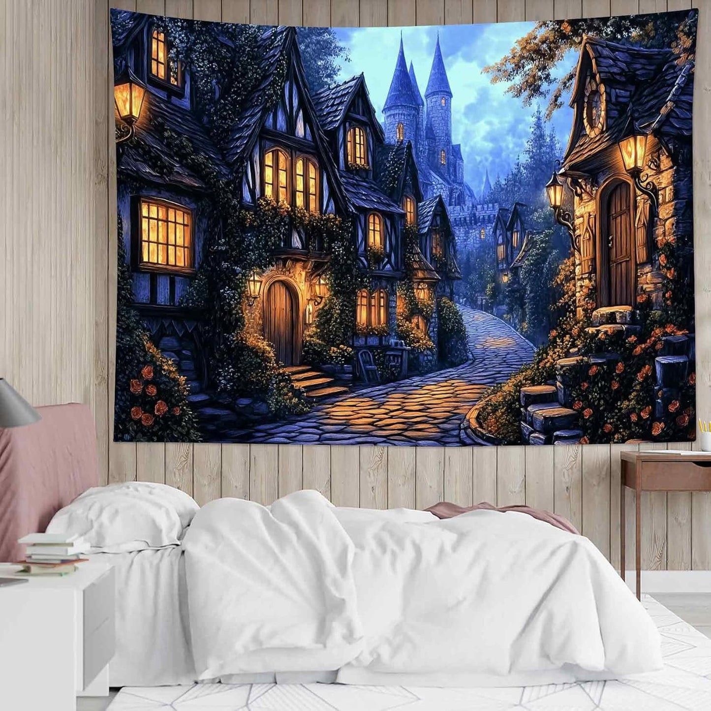 LB Vintage Castle Tapestry, Night Street Old House and Green Tree Wall Tapestry for Bedroom Aesthetic, Village Gothic Wall Art for Living Room Dorm Home Decor Ready to Hanging, 59 x 51 Inches