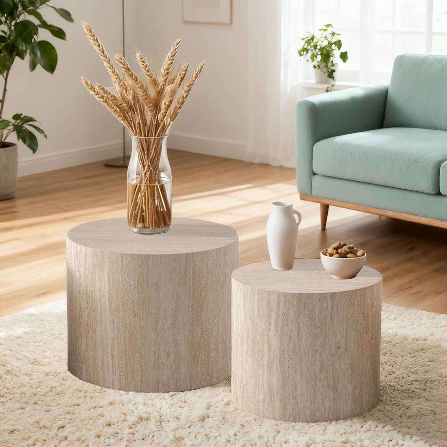 Round Nesting Coffee Tables Modern Travertine Coffee Table Small Round Coffee Tables Circular Side Table Accent End Table Nested Coffee Table Set for Living Room (Travertine)