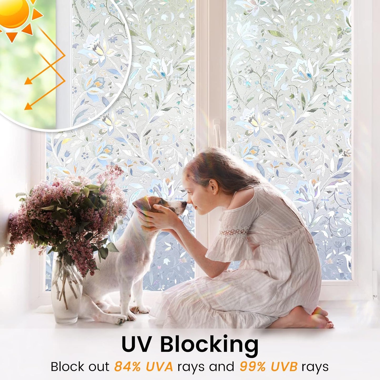 DOWELL Window Privacy Film, 3D Stained Glass Rainbow Films, Decorative Window Vinyl Sun Blocker Door Covering, Static Cling Non-Adhesive Glass Sticker for Home, Blooming Flowers, 17.5"x118.1"