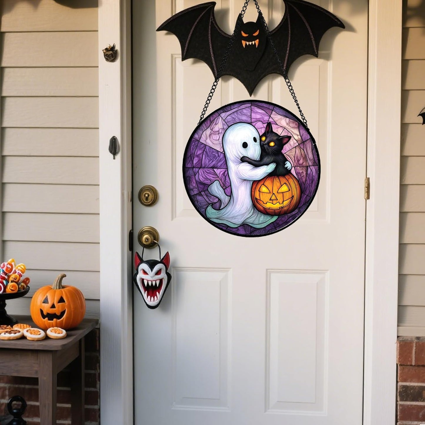 Stained Glass Window Hanging - Halloween Decorations Ghost Black Cat Pumpkin Suncatcher for Door Garden Spooky Purple Sun Catchers Gothic Decor Horror Gifts for Women Men Friend Boy 15 in