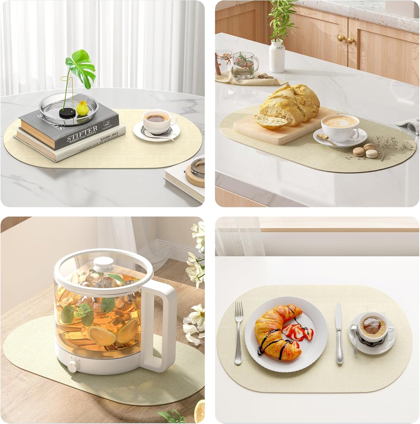 DOLOPL Placemats Set of 6, Oval Reversible Wipeable & Heat Resistant Place Mats, Modern Faux Leather Table Mats for Kitchen, Neutral Tablemats for Dining Table Decor, Wedding, Party(Beige)