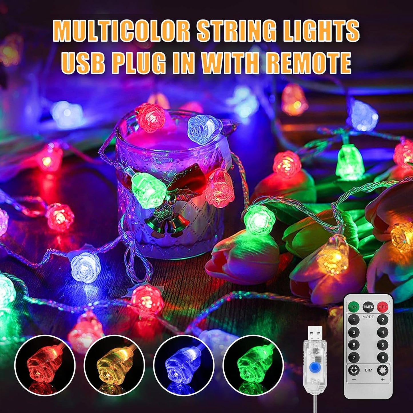 String Lights Indoor, 33 Ft 80 LED Rose Bud Lights, 8 Modes Dimmable & Timeable Fairy Light with Remote, Festival Decoration for Bedroom Living Room Wall, USB Plug, 4 Colors(Red&Yellow&Blue&Green)