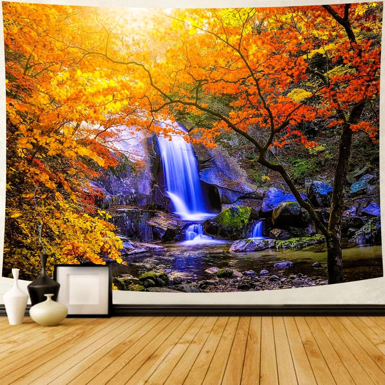 Delur Waterfall Tapestry Forest Nature Scenic Tree Mountain Sunset Tapestry Wall Hanging Natural Landscape Sunrise Headboard for Bedroom Living Room Home Decor (70.8" x 92.5")