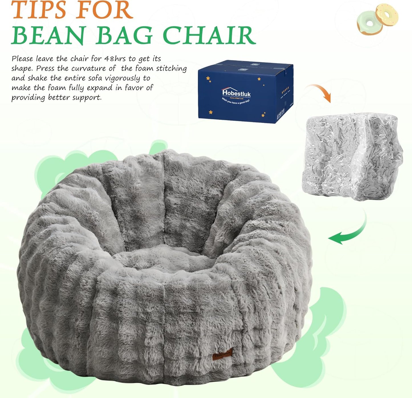 Hobestluk Bean Bag Chair Oversized Bean Bag Chair for Adults Donut-Shaped Large Bean Bag with Spacious Design for Living Room Bedroom or Reading Nook (Bubble Grey)