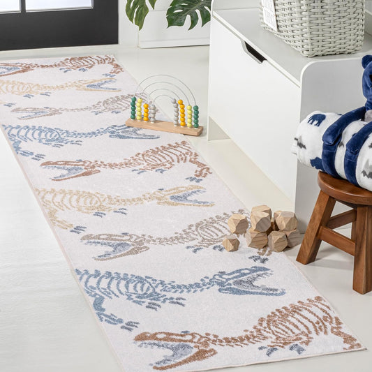 JONATHAN Y Machine-Washable Cream/Multi Runner Rug, 2x8, Kingdarr T-Rex Modern, Casual, Kids & Novelty for Living Room, Dining Room, Bedroom, Kitchen Easy-Cleaning, Non-Shedding (KDW103A-28)