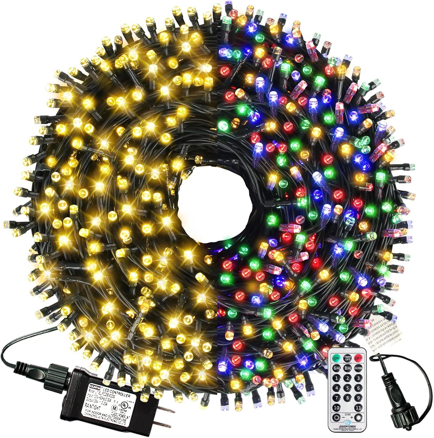 XTF2015 Christmas Outdoor Indoor Lights, 105ft 300 LED End to End Connected 9 Modes Timer Remote Christmas String Lights for Trees, Patio, Garden, Party, Wedding, Holiday (Warm White + Multicolor)