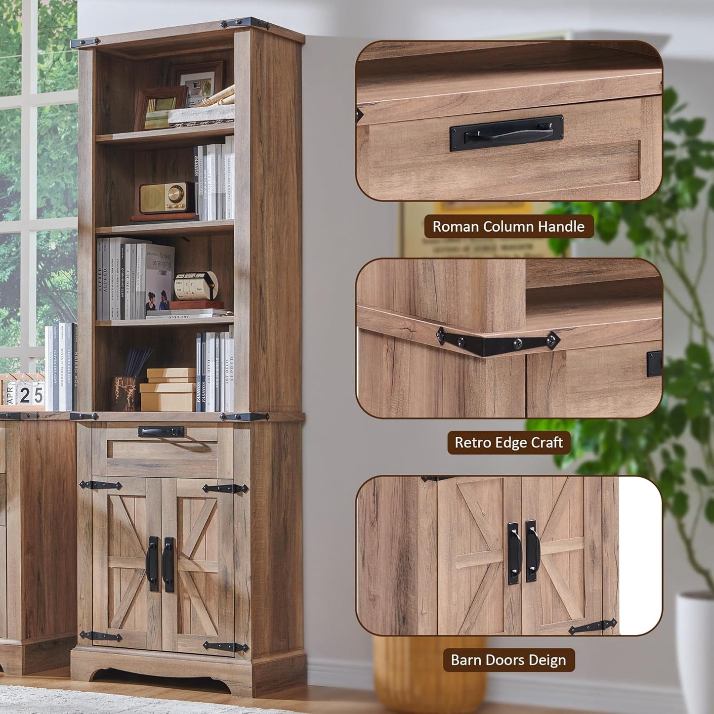 OKD 72'' Tall Bookshelf with Storage, Farmhouse 4 Tier Bookcase with Barn Door, Adjustable Shelves and Drawers, Rustic Wooden Office Bookshelves for Home Bedroom, Living Room, Library (Natural Oak)