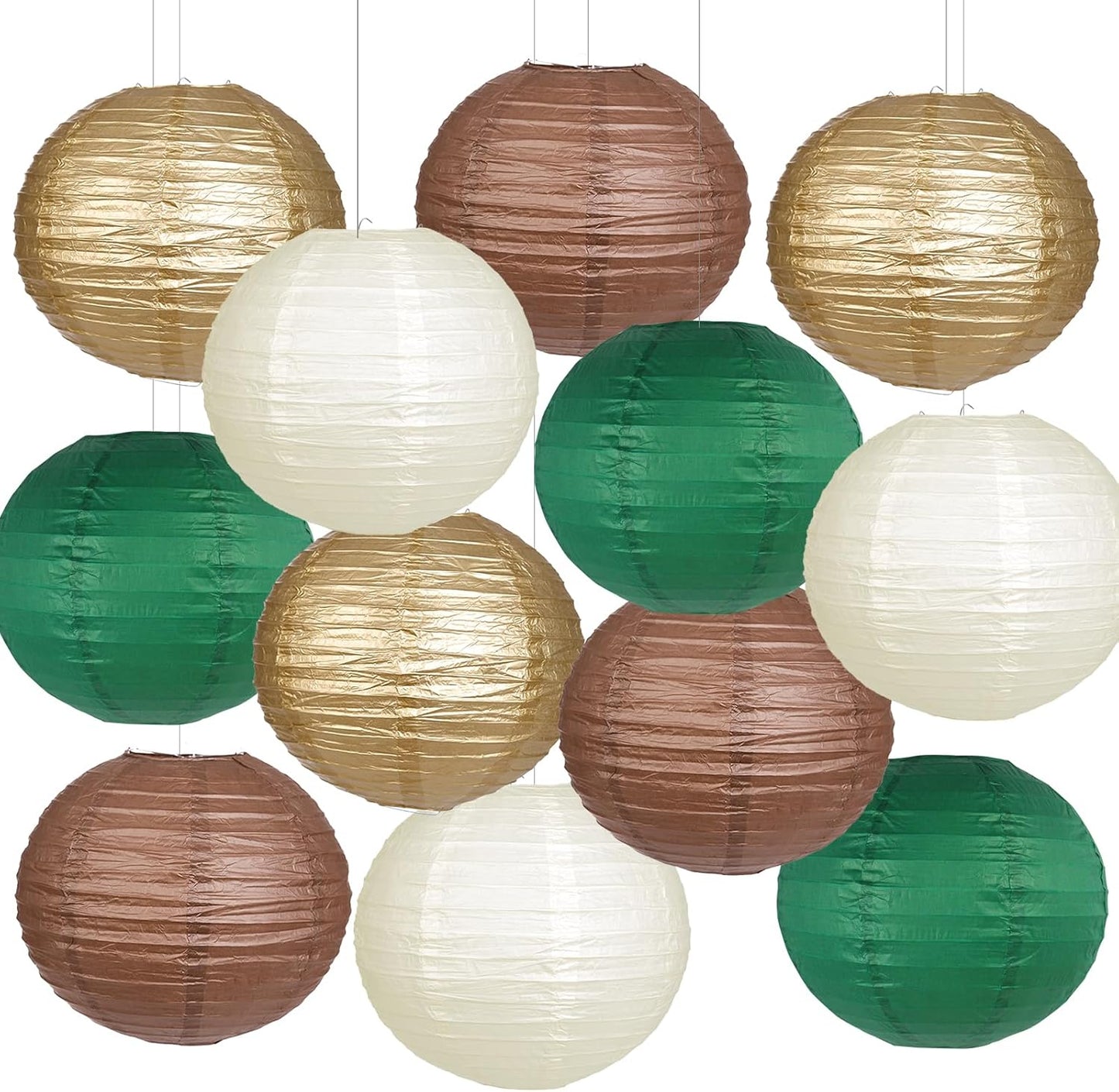 Paper Lanterns Green Brown Gold Round Hanging Chinese Lanterns for Birthday Party Gender Neutral Woodland Baby Shower Decorations Pack of 12
