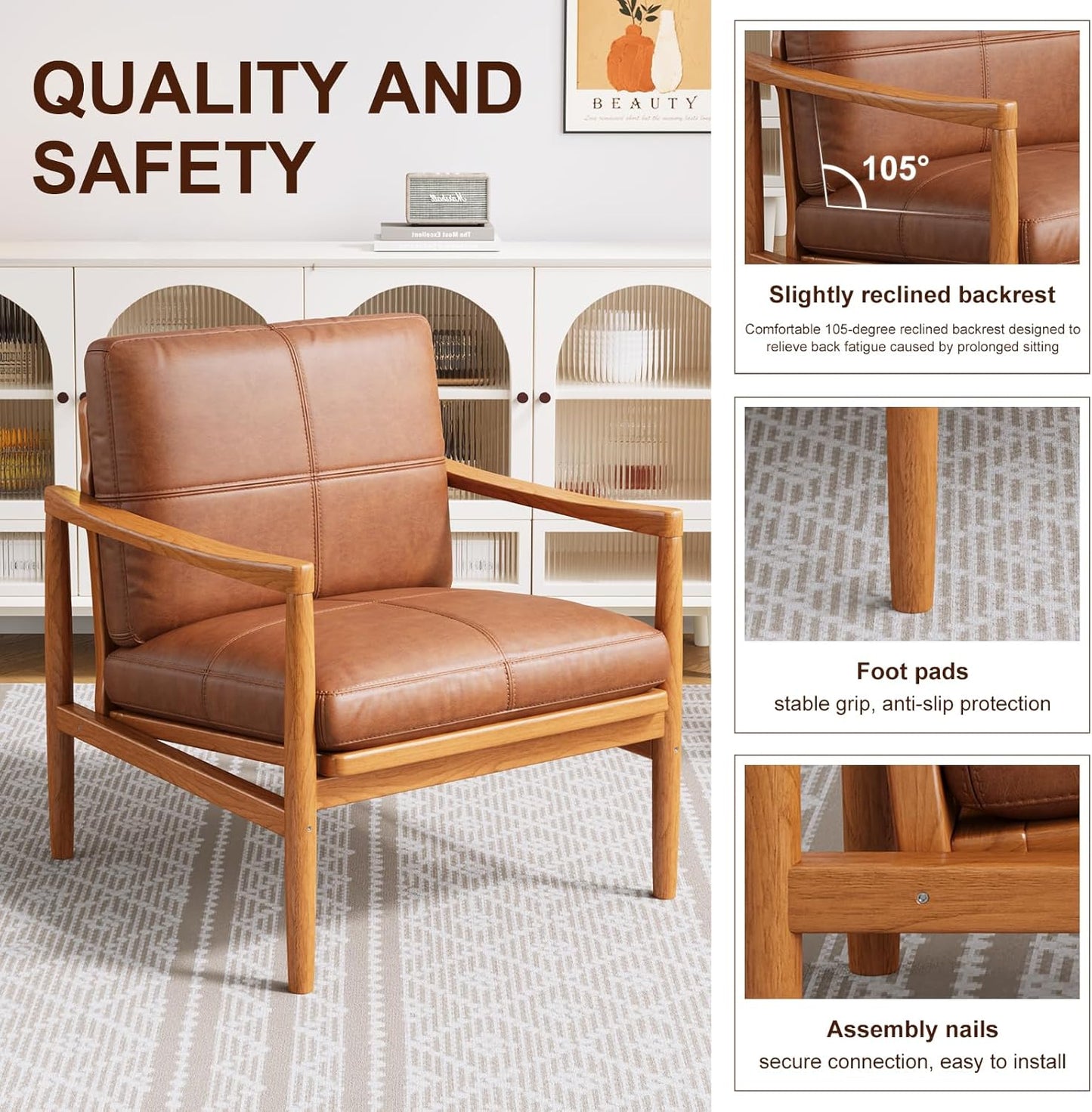 Mid Century Modern Accent Chair Set of 2, Leather Accent Chair, Relaxing Armchair with Solid Wood Frame & Soft Cushion, Reading Leisure Chairs for Living Room