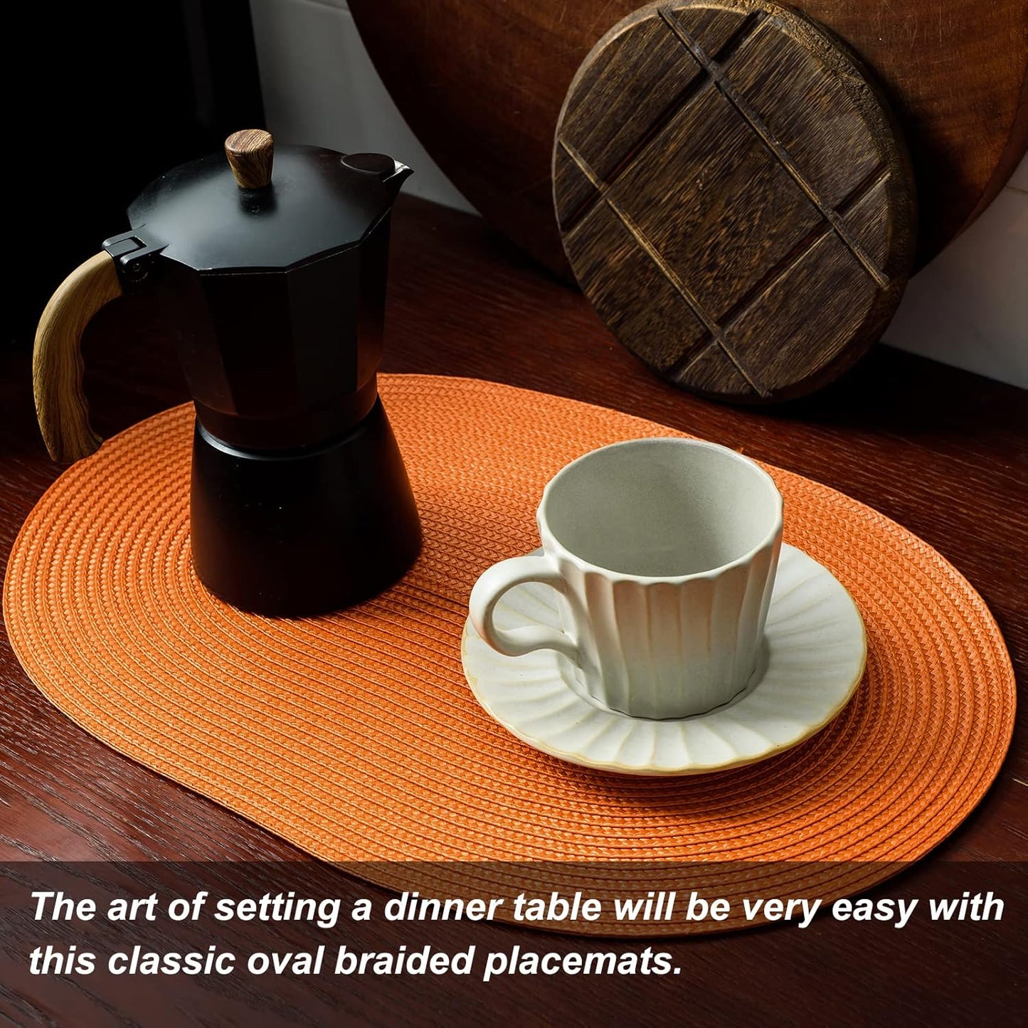 AHHFSMEI Placemats Set of 6 for Dining Table Washable Woven Vinyl Non-Slip 18x12 inches Placemat Heat-Resistant Durable Table Mats for Dining Table Easy to Clean(Oval Orange,6)