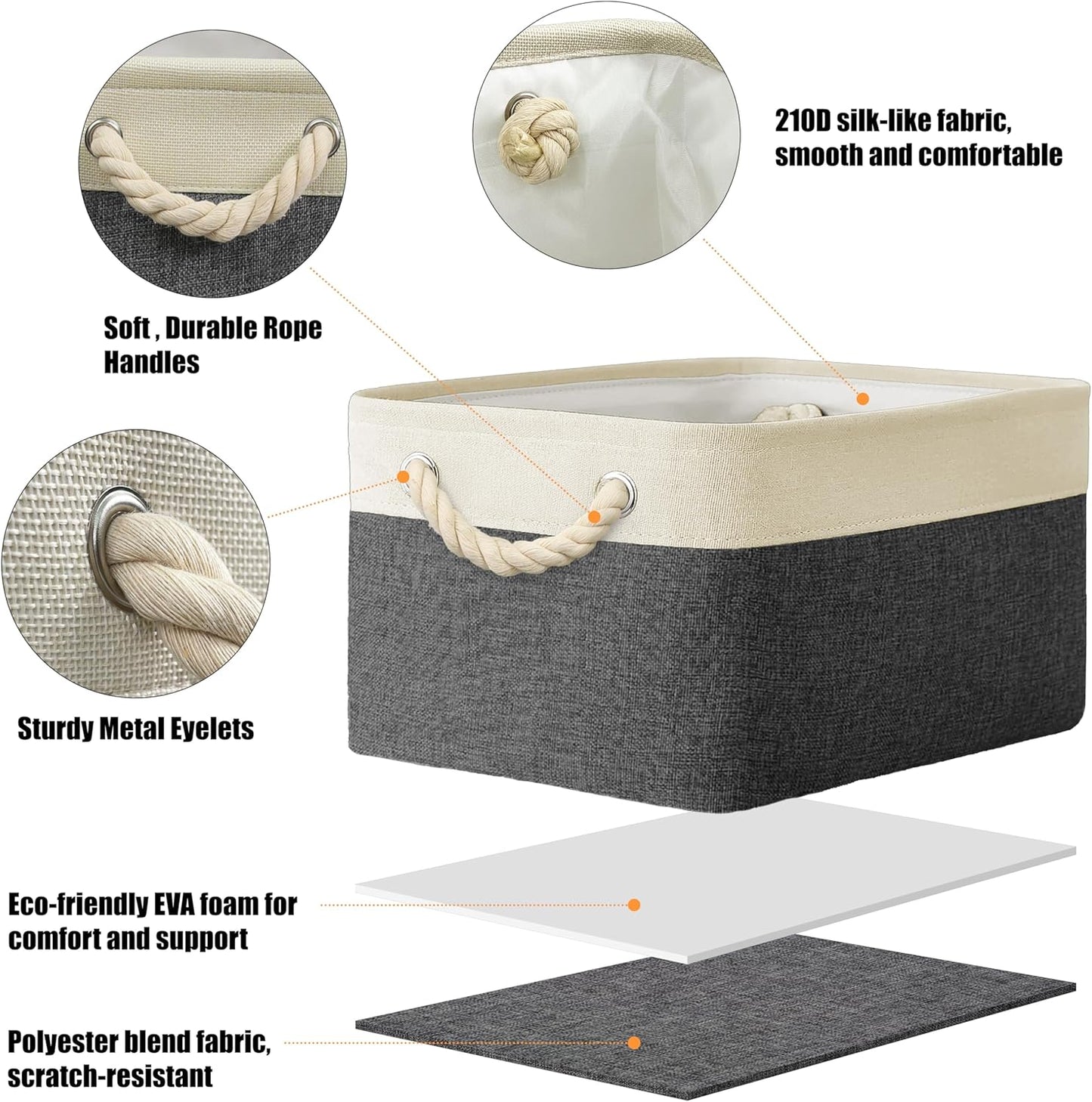 SIMPLE HOUSEWARE Large Fabric Storage Bin, 15.7" x 12" with Braided Handles, 3 Pack, Dark Gray