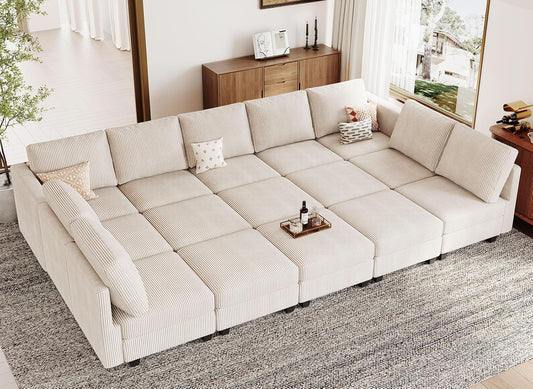 Belffin Large 15 Seat Modular Sectional Sofa with Storage Seat Corduroy Sleeper Sectional Sofa Bed Oversized Convertible Modular Couch for Living Room Beige