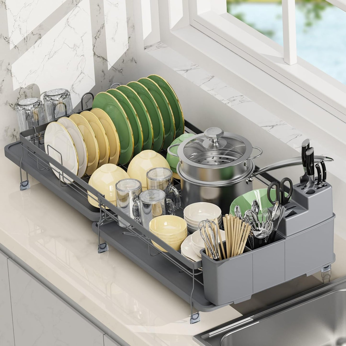 ROTTOGOON Expandable Dish Drying Rack,Multifunctional Adjustable Dish Drainer with Swivel Spout and Anti-Rust Dish Rack with Removable Cutlery & Cup Holders for Kitchen Counter,Dark Grey