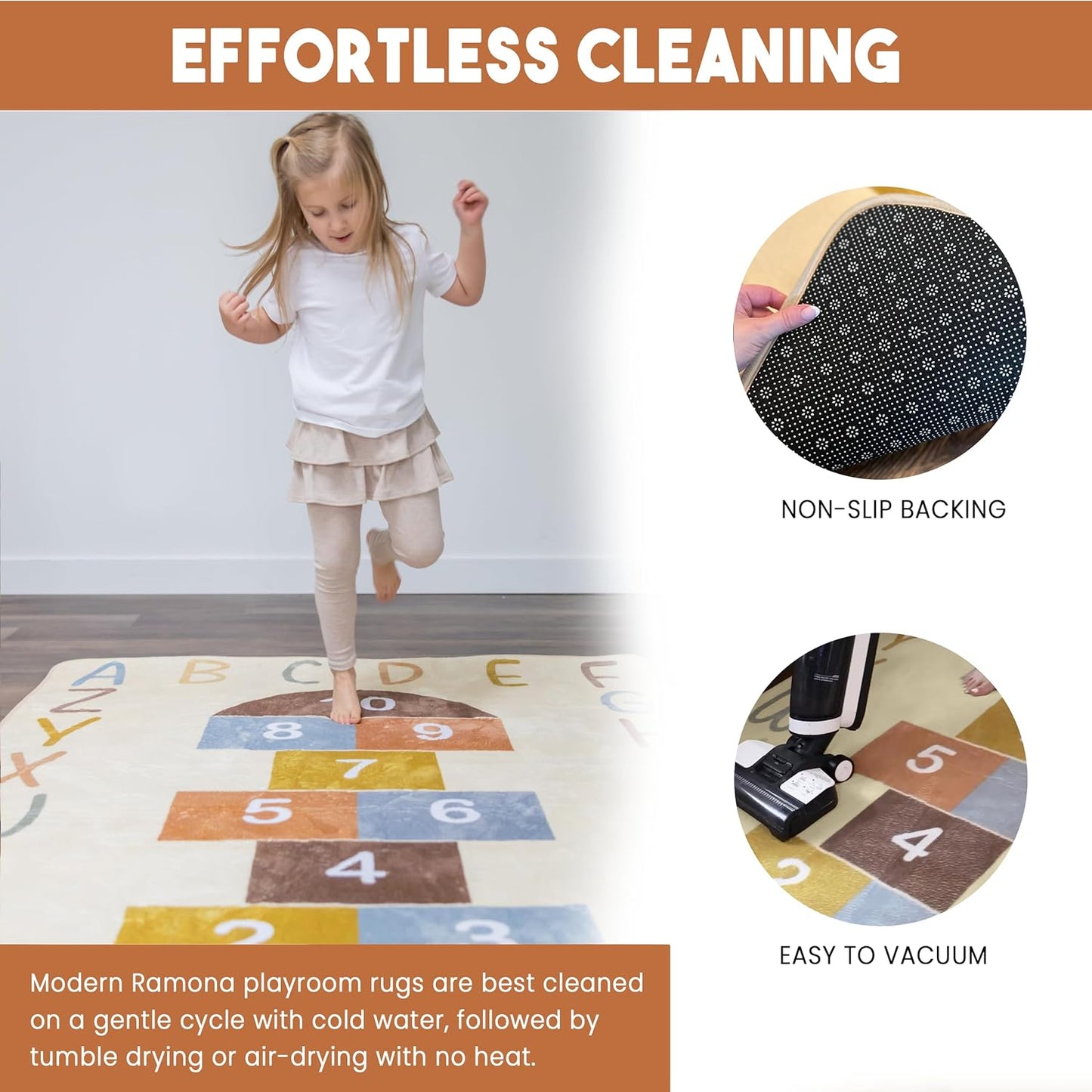 Washable Hopscotch Rug for Kids | Educational ABC & Numbers Carpet for Toddler Playroom or Classroom | 4.6' x 6.5' Non-Slip Play Mat | Neutral Decor