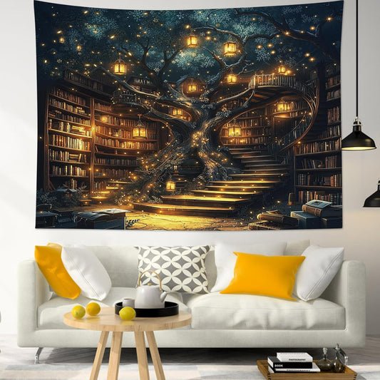 HVEST Fantasy Library Tapestry Fairytale Tree Vintage Bookshelf Tapestry for Bedroom Retro Bookshelf Book Wall Decor for Classroom Study Room College Room Dorm, 40L x 60W Inches