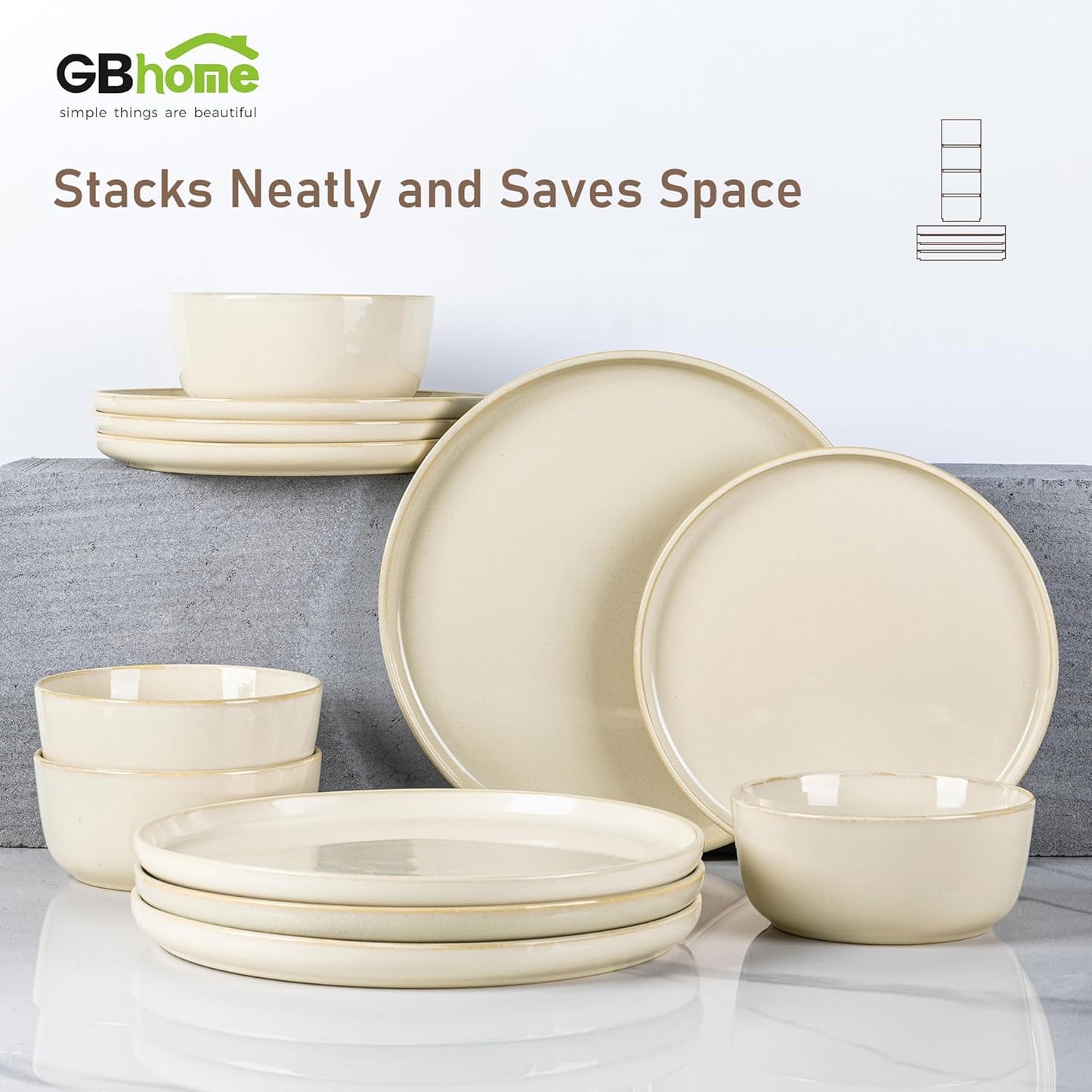 GBHOME Ceramic Dinnerware Sets for 4, 12 Pieces Stoneware Plates and Bowls Sets, Scratch Resistant Dishes, Dishwasher & Microwave Safe, Reactive Glaze-Vanilla color
