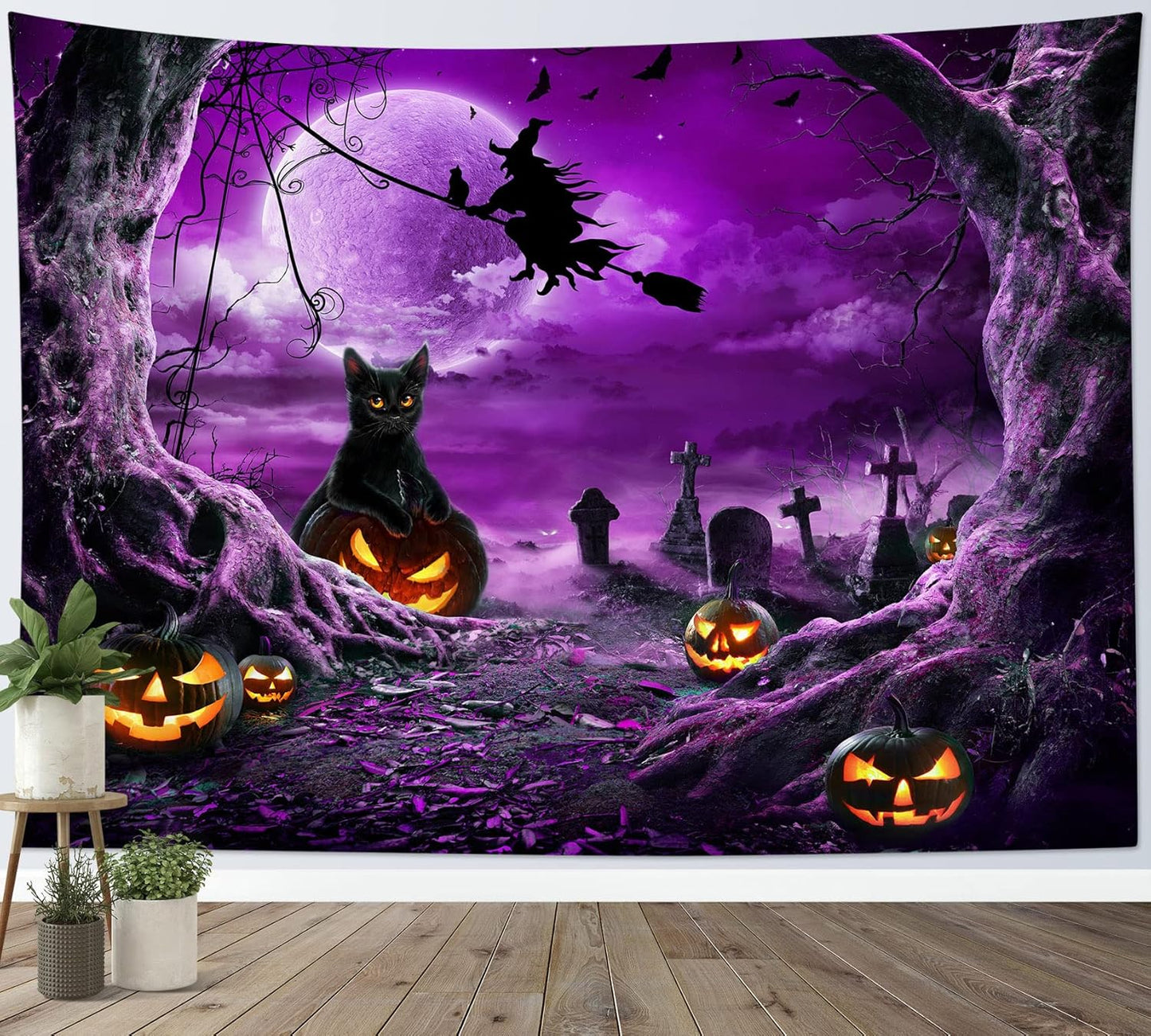 LB Halloween Wall Tapestry - Horror Witch Cat, Dead Tree, Pumpkin Lights With Spooky Graveyard - Purple Full Moon Over Misty Forest for Bedroom Living Room Dorm 48x36 Inch