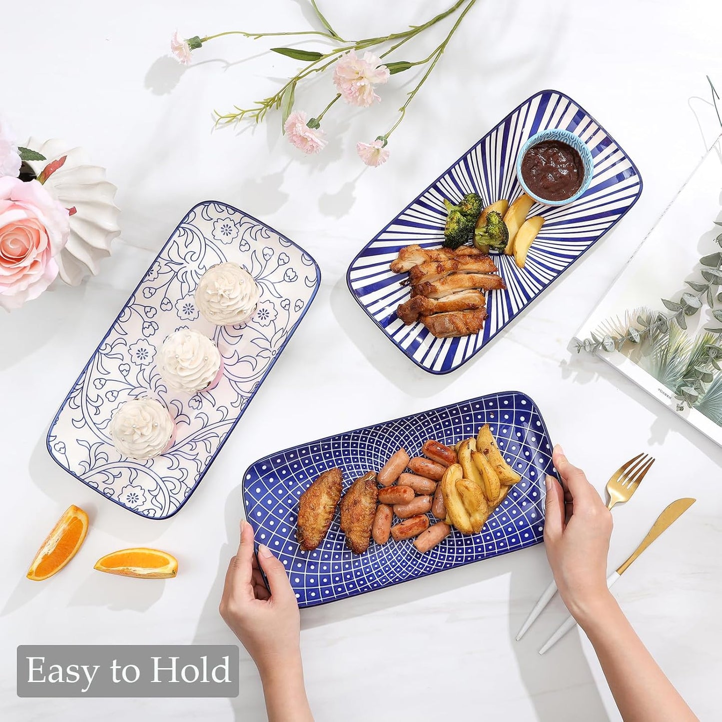 Selamica Ceramic Rectangular Serving Platters Set of 4, 12 Inch Serving Trays/Dishes for Party Entertaining, Rectangular Dinner Plates for Appetizer Salad Dessert Sushi, Vintage Blue