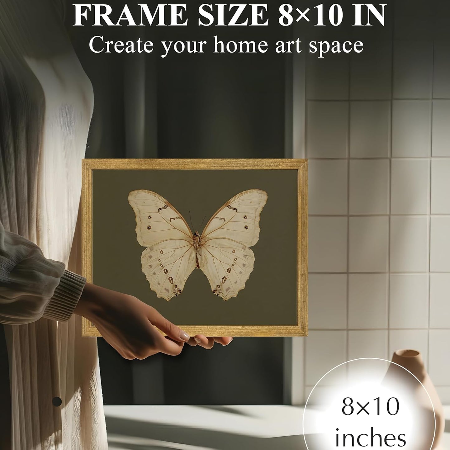 Wood Framed White Butterfly Wall Art, Vintage Butterfly Oil Paintings, Dark Moody Insect Canvas Prints, Boho Sage Green Wall Decor, for Bedroom Kitchen Bathroom Cottagecore Room Decor - 8x10 Inch