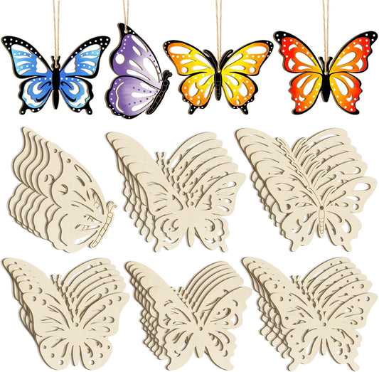 36PCS Wooden Hollow Butterfly Ornaments to Paint, 6 Styles DIY Blank Unfinished Wood Cutouts Ornament for Crafts Hanging Decorations Summer