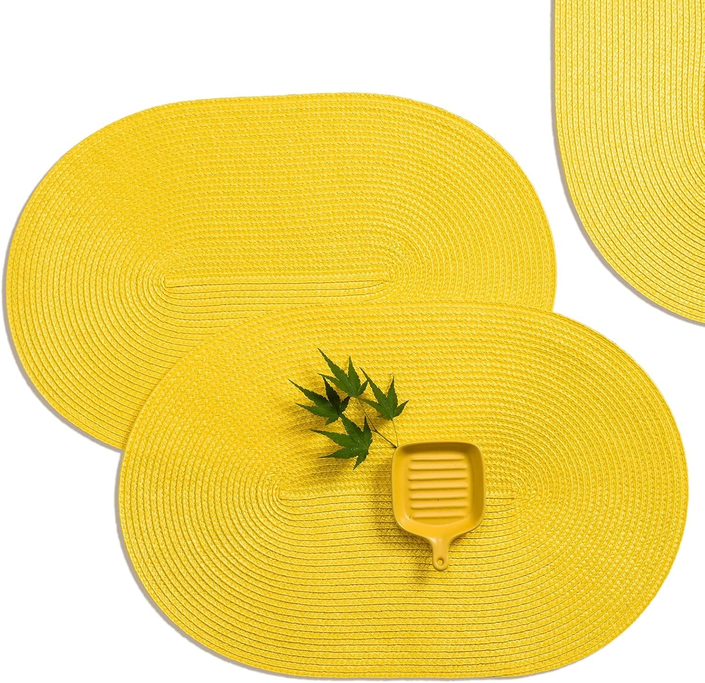 AHHFSMEI Placemats Set of 4 for Dining Table Washable Woven Vinyl Non-Slip 18x12 inches Placemat Heat-Resistant Durable Table Mats for Dining Table Easy to Clean (Oval Yellow, 4)
