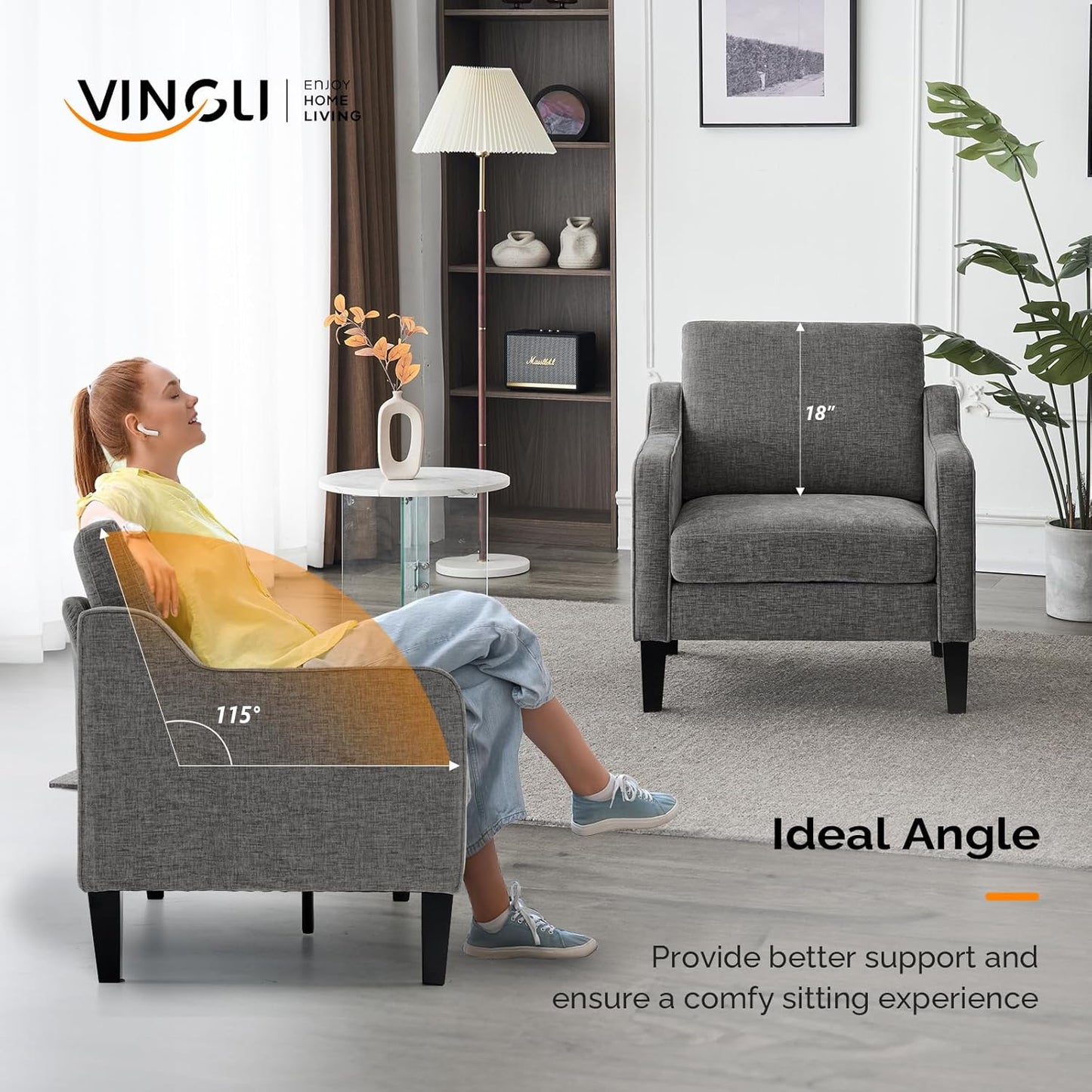 VINGLI Accent Chairs Set of 2 for Living Room, Light Grey Mid Century Modern Chair Soft Chenille Sofa Chair Upholstered Comfy Arm Chairs for Bedroom, Play Room, Apartment