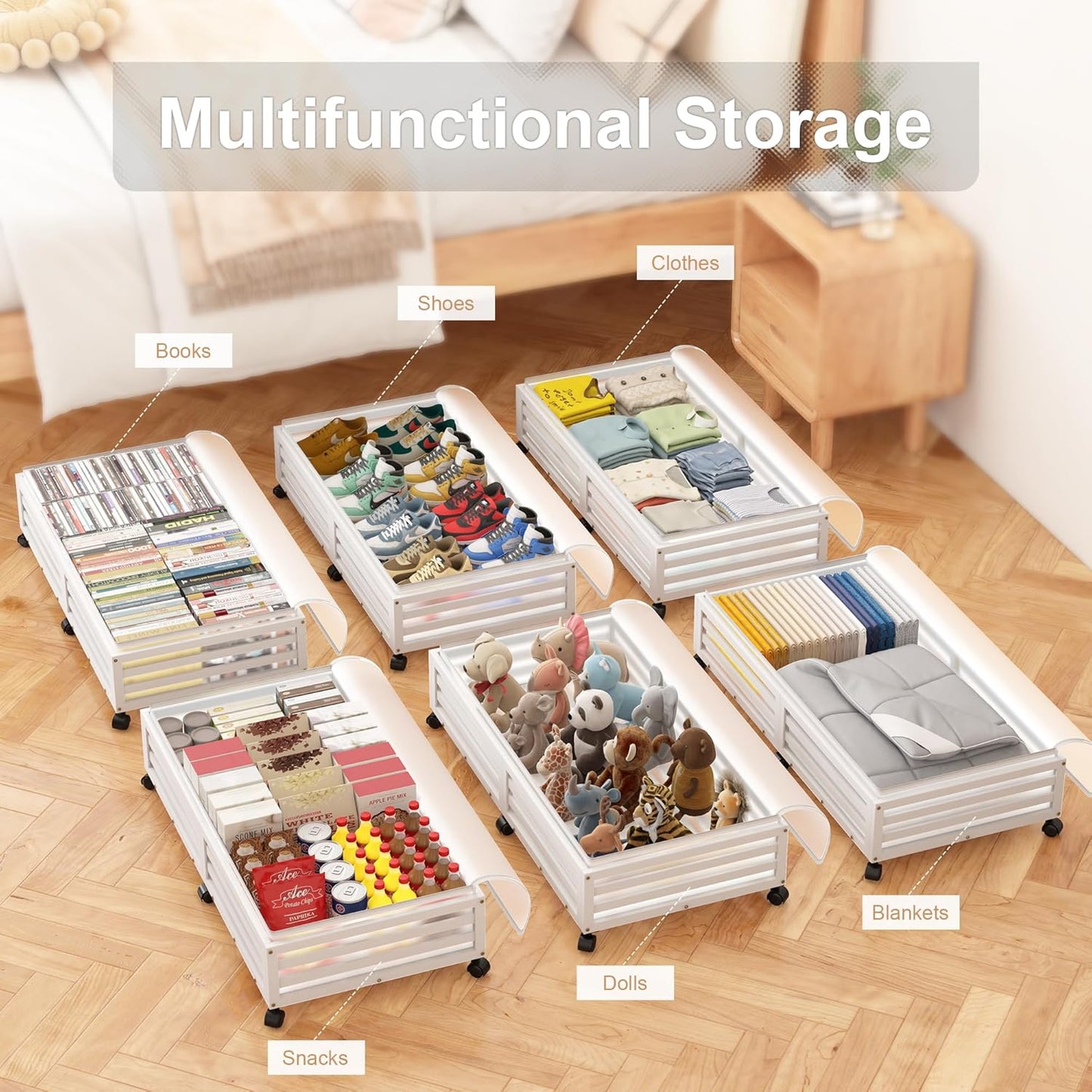 Under Bed Storage Containers With Wheels - 2 Pcs Large Bamboo Wood Rolling Underbed Shoe Storage Bins With Dust Bags for Clothes Blankets, Duvet Covers Snacks Toys (White)