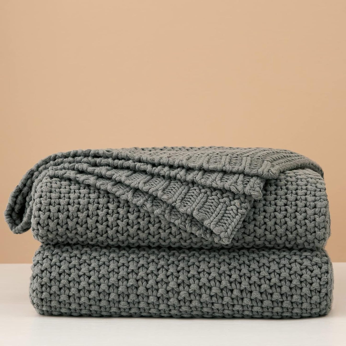 Longhui bedding Chunky Cable Knit Throw Blanket Lightweight Grey 100% Organic Cotton Blanket for Sofa Couch Bed Baby Nursery, Rustic Shabby Chic Modern Farmhouse, Gray 60” x 80” Give Laundering Bag