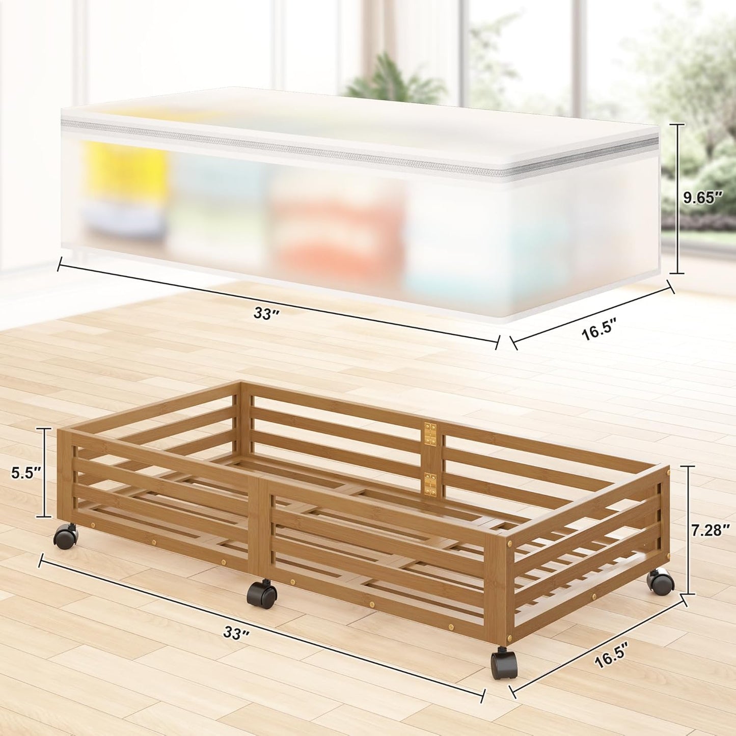 Under Bed Storage with Wheels-Large Bamboo Underbed storage Containers with Large Dust Bag Stackable Under the Bed Shoe Storage Bins for Clothes Books Bedding (2 Packs walnut, 33.07"L×16.54"W× 6.5"H)