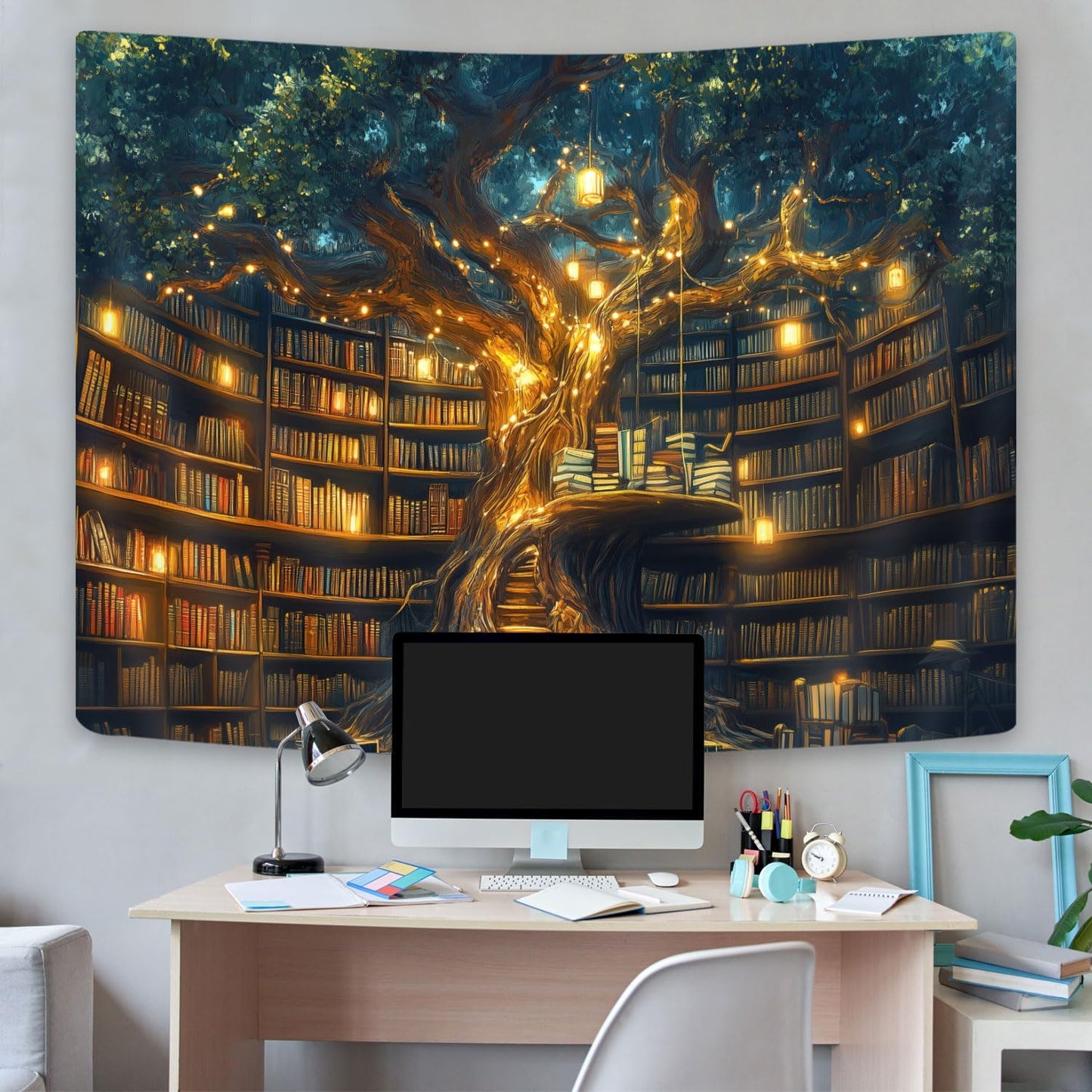 Fantasy Library Tapestry, Fairytale Tree Magic Bookshelf Aesthetic Tapestries for Classroom, Witchy Fairy Tree Mysterious Vintage Bookshelf Book Art Tapestry Wall Hanging College Room Bedroom, 40"X30"