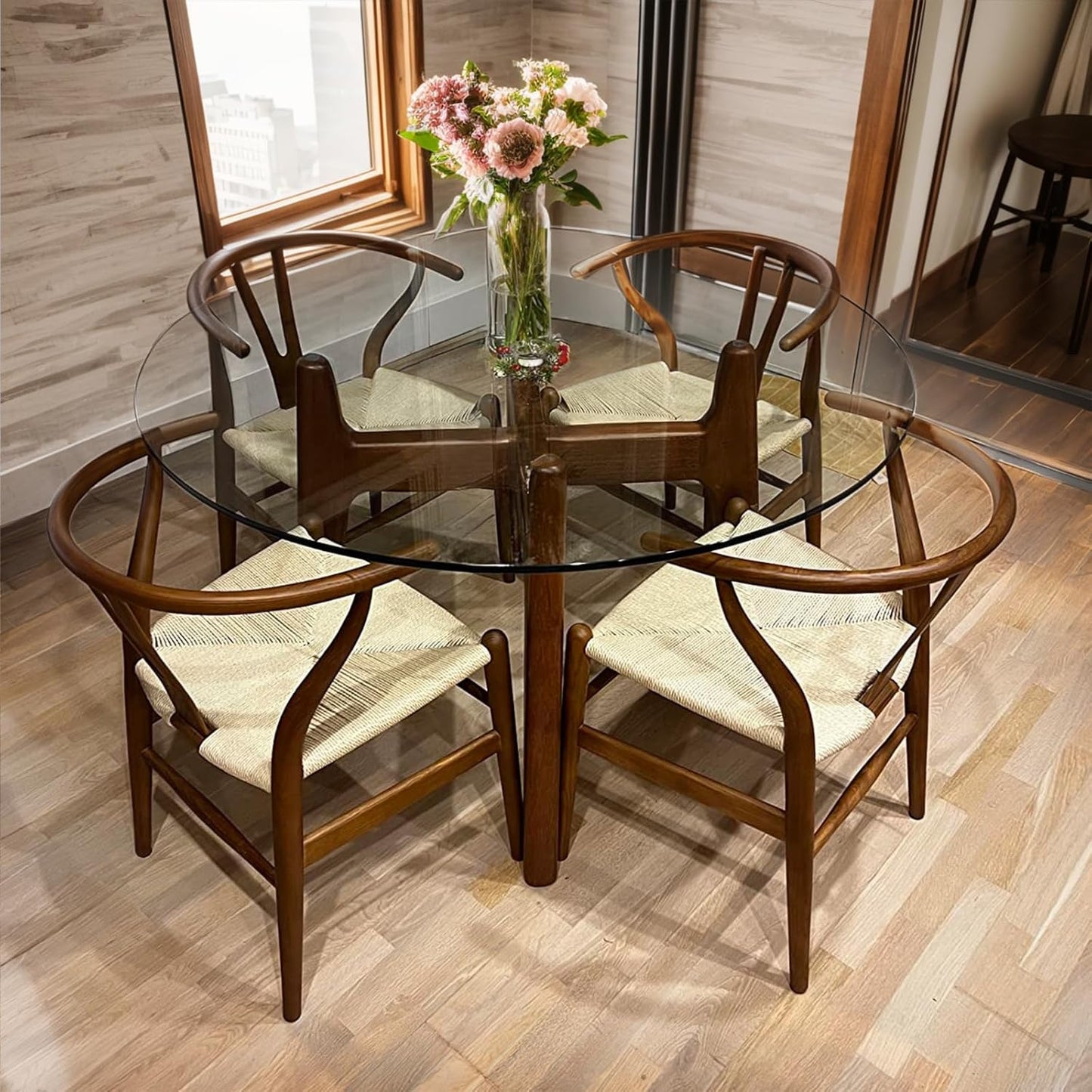 Wishbone Chair Natural Solid Wood Dining Chair/Hans Vegner Y Chair Rattan and Wood Accent Armrest Chairs (Ash Wood - Walnut 2 Chairs)