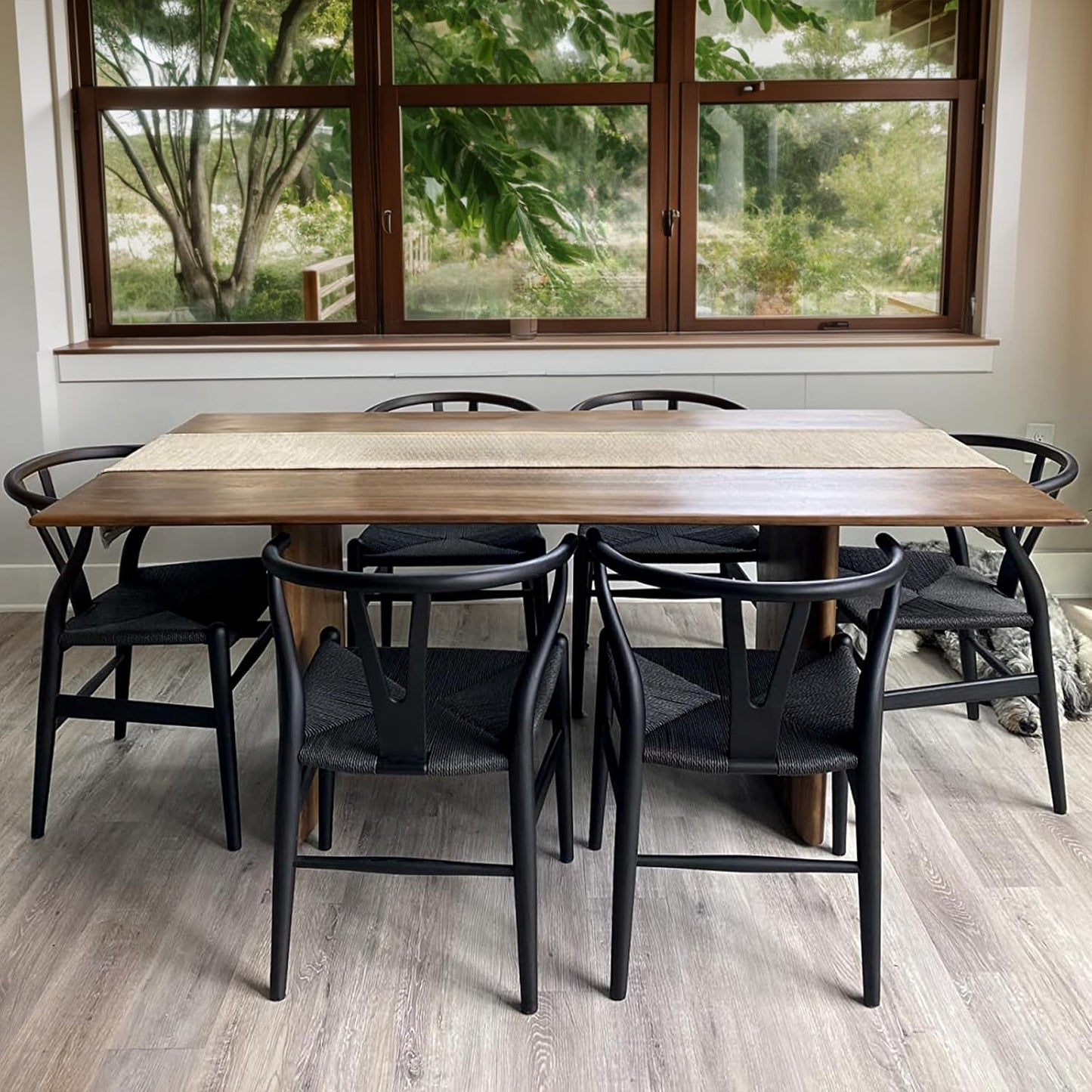 Wishbone Chair, Solid Wood Armrest Woven Seat Chair, Kitchen & Dining Chair, Wishbone Y Black Chairs - Set of 1 (Ash Wood - Black)