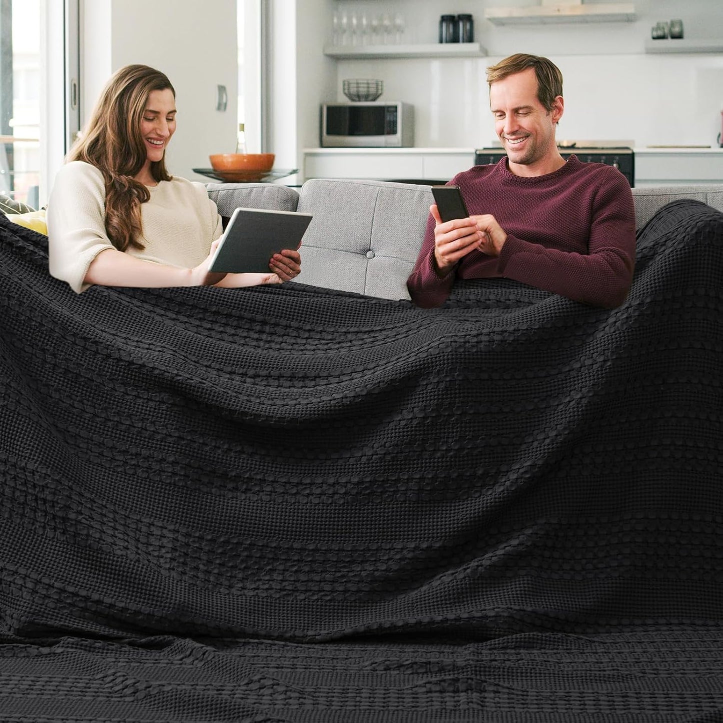 PHF 100% Cotton Waffle Weave Blanket Oversized King for Bed 120"x120"- Giant Big Lightweight Blanket 10'x10' for Bed Sofa - Aesthetic Extra Large Washed Cotton Soft Blanket - Black