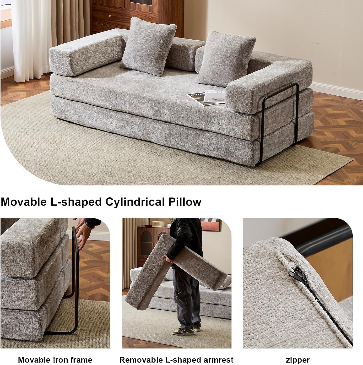 Convertible Sleeper Sofa Bed, Compression Folding Sofa with Pillow, No Assembly Required, Shape Frame, Floor Sofas Lounge Couchs for Living Room, Bedroom, Small Spaces(Chenille, 77''W, Light Grey)