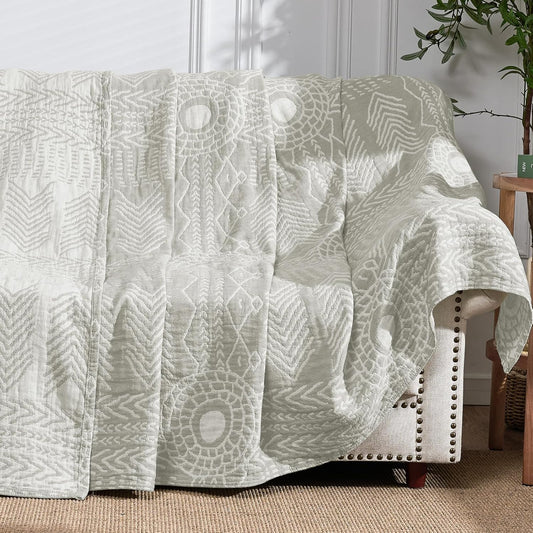 JINCHAN Boho 100% Cotton Muslin Blanket 3-Layer Twin Size Geometric Lightweight Reversible Soft Cozy Throw for Couch Sofa Bed All Season Coverlet Gift Bedroom Living Room Decor Light Grey 60x80 Inches