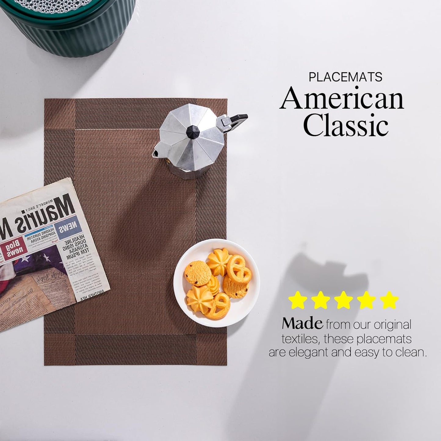 LEXMORE Placemats Set of 12 Vinyl/Plastic Woven Place Mats for Kitchen Table Indoor/Outdoor Washable Placemat Wipeable Dining Table Mats(G-Brown Cube)