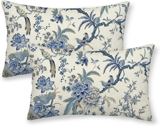 CXMEIFLY Spring Floral Birds Pillow Covers 12 x 20 Inch Set of 2 for Chinoiserie Flowers Decor Throw Pillows Blue and White Plant Outdoor Decorative Cushion Cases for Couch Bed Decorations